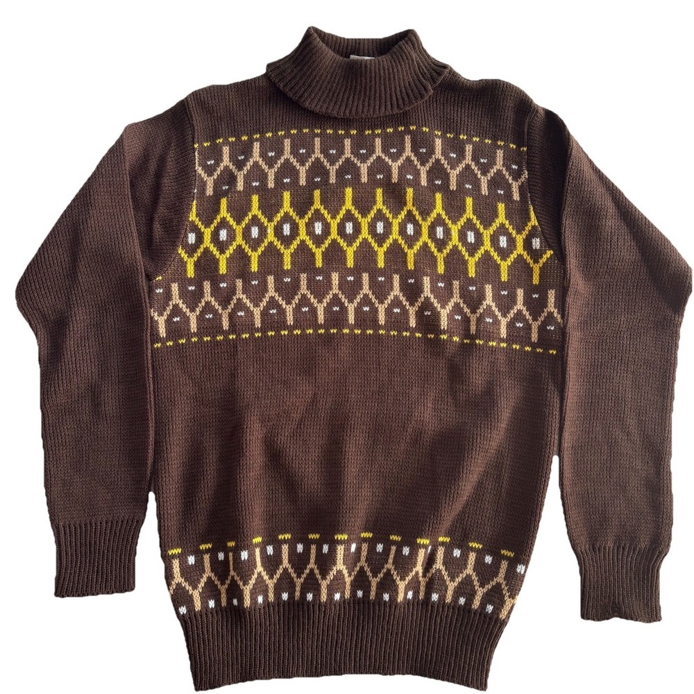 VTG Dr Denton's Brown & Yellow Turtle Neck Sweater 100% Virgin‎ Acrylic Kid's M
